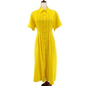 Vtg 80s 90s Two Potato Button Down Tie Back Short Sleeve Maxi Dress S Yellow NOS